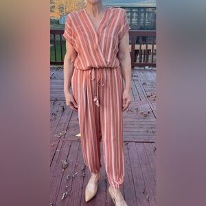 Dress Forum Los Angeles jumper, coral/cream vertical stripes, elastic ankles, S